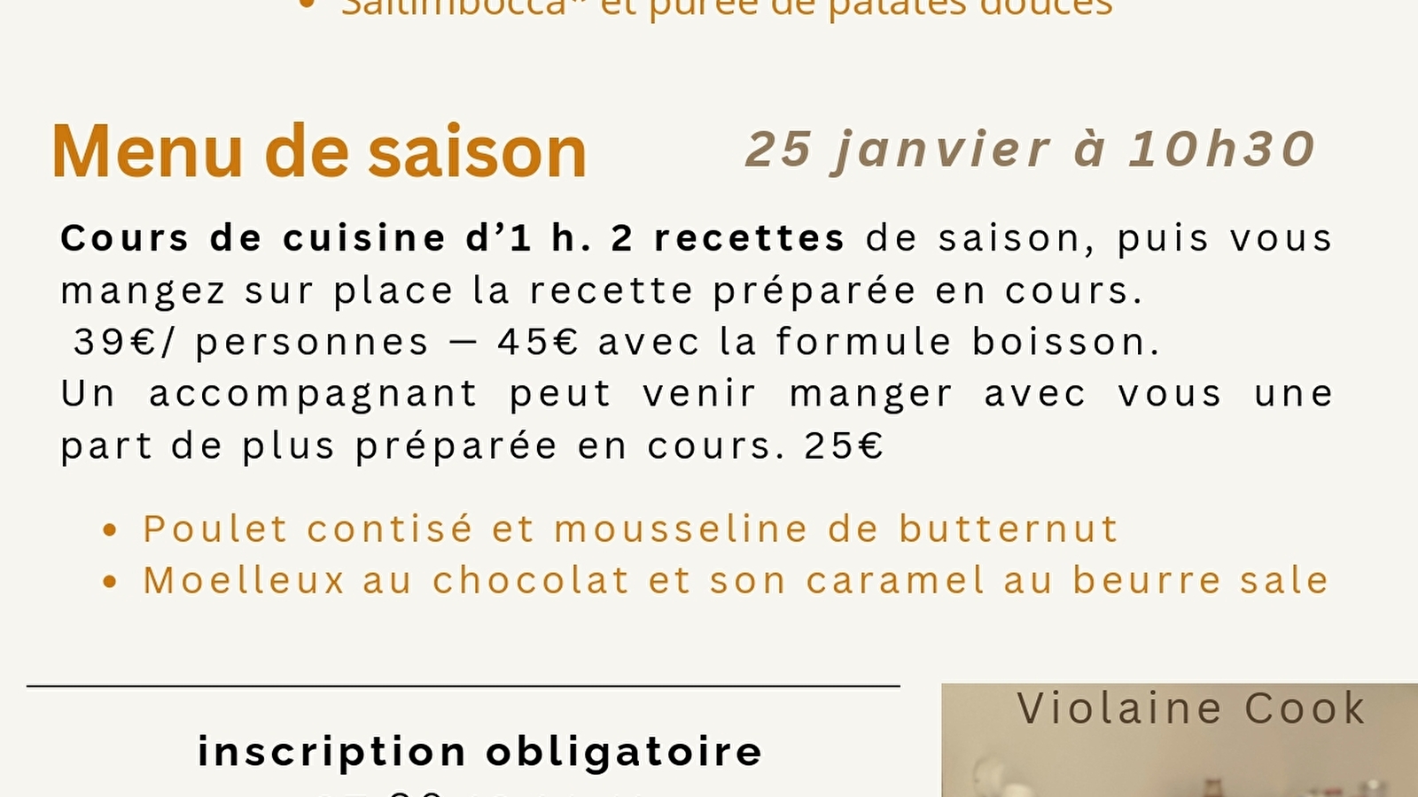 Cours de cuisine - Menu de saison