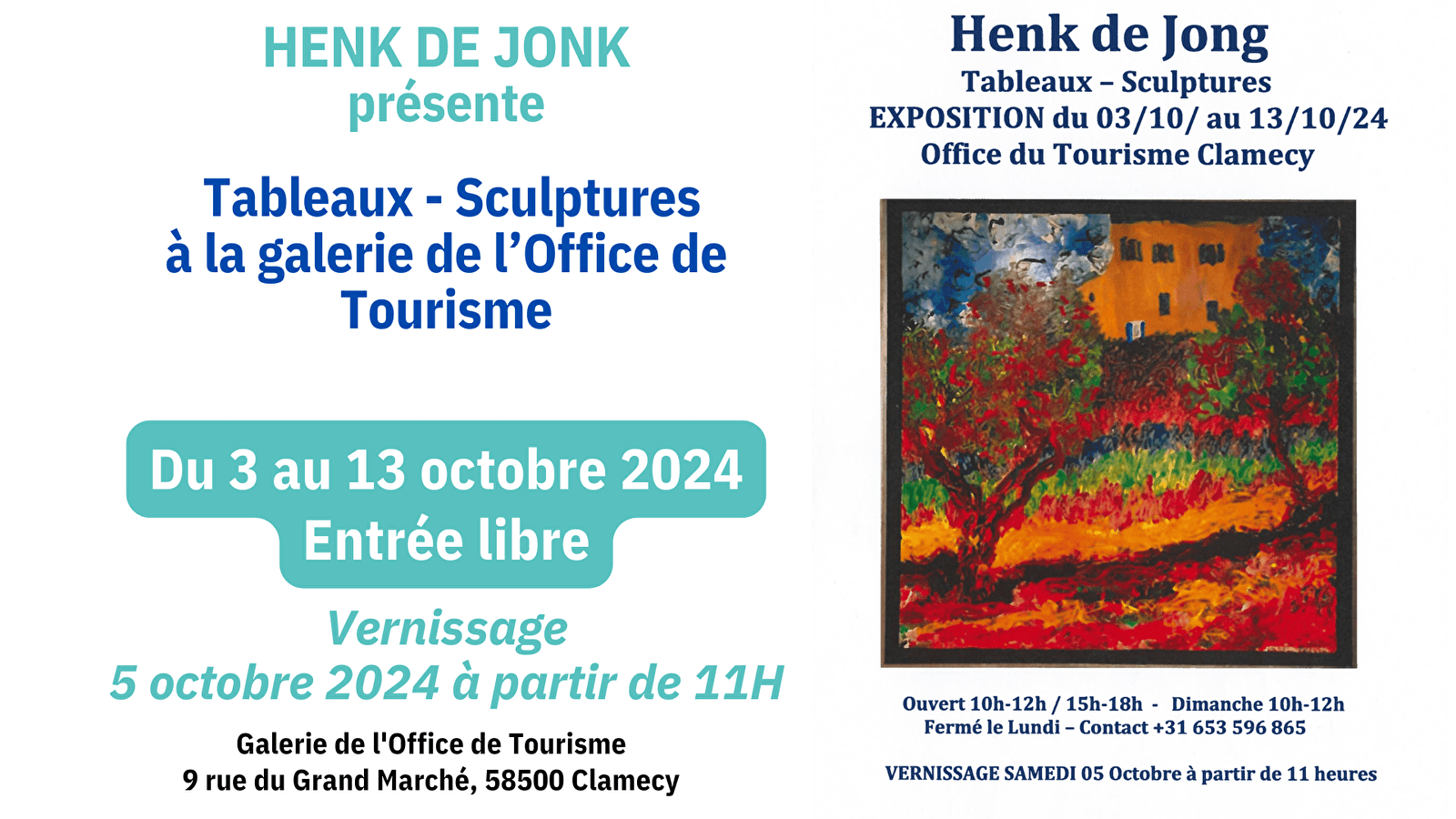 Exposition Tableaux et Sculptures de HENK DEJONG à la galerie de l'Office de Tourisme de Clamecy